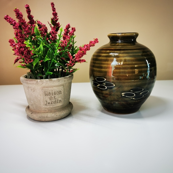 Vintage Abstract Floral Striped Pottery Vase - Picture 11 of 14